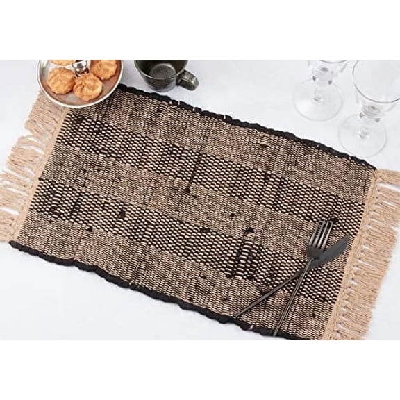 Fennco Styles Striped Chindi Cotton Tassel Placemats 14" W x 20" L, Set of 4 - Black Woven Table Mats for Home, Dining Room, Banquets, Family Gatherings and Special Occasions