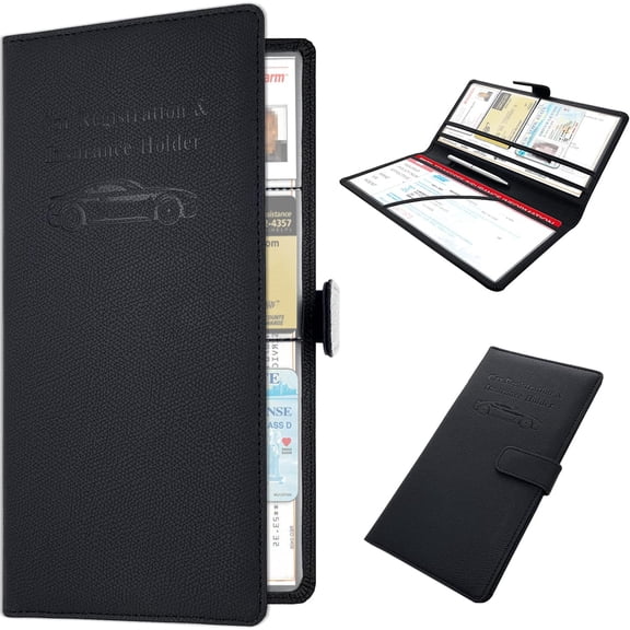 DEXIMRO Car Registration Insurance Holder, Leather Glove Box License Wallet Case with Magnetic Shut, Automotive Paperwork Document Organizer Card Holder for Women, Car Accessories (Black)