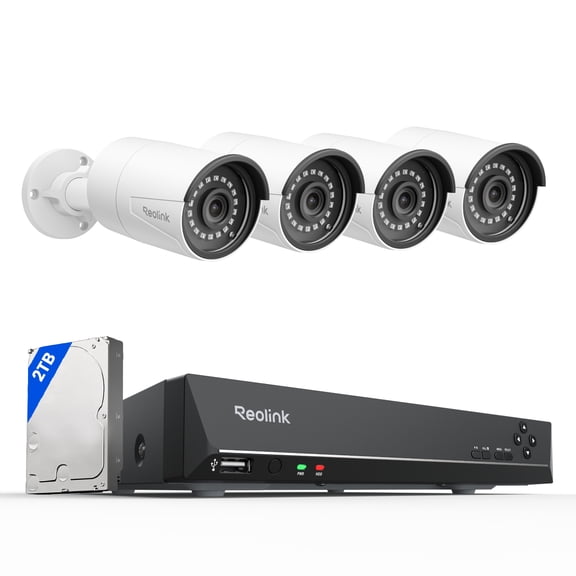 Reolink 8-Channel PoE NVR System, 2TB HDD, 4-Pack 5MP Smart Detection Cameras, 24/7 Recording, RLK8-510B4