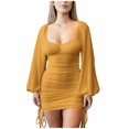 thumbnail image 2 of Women's Square Neck Dress Long Sleeve Drawstring Ruched Wrap Dress Casual Slim Fit Party Beach Mini Dresses, 2 of 9