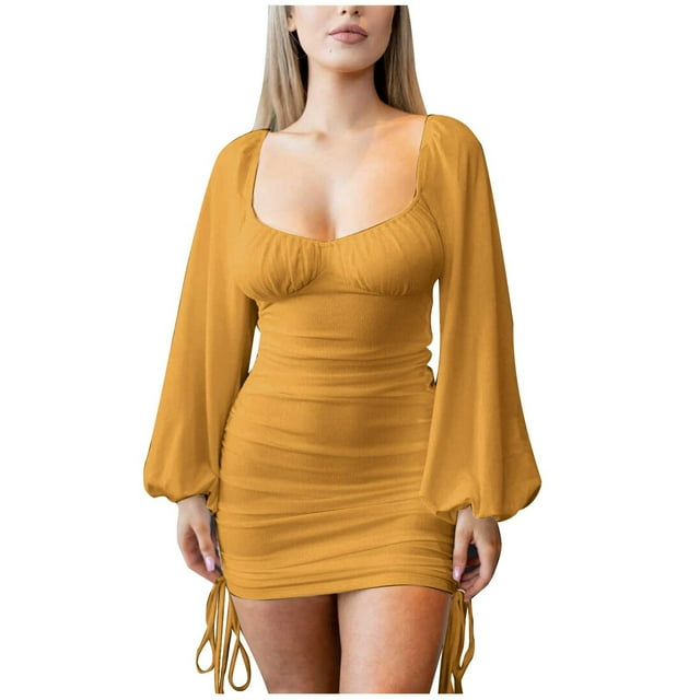 Gspmoly Robe pour Femmes, Robe Mode pour Femmes Unie Décontractée à Manches Longues avec Encolure à Cordon, Mi-Cuisse, Robes Formelles pour Femmes jusqu'à 60 % de Rabais
