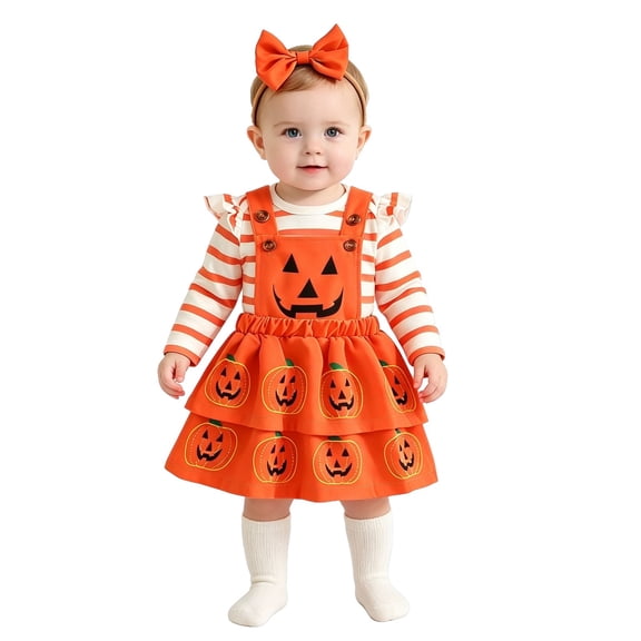 Ruyang Baby Girl Halloween Outfit Striped Long Sleeve Bodysuit Pumpkin Print Double Layered Suspenders Skirts with Headband Fall Clothes