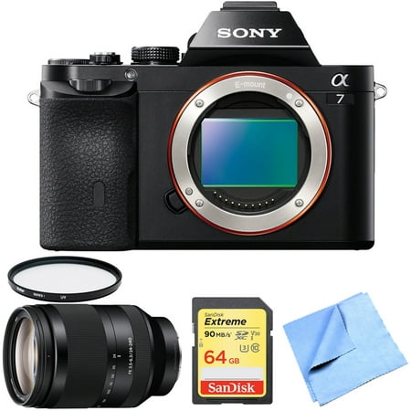 Sony a7 Full-Frame Interchangeable Lens Digital Camera Body with Sony FE 24-240mm F3.5-6.3 OSS Full-frame E-mount Telephoto Zoom Lens, 64GB Extreme SD UHS-I Memory Card, UV Filter & Micro Fiber (Best Budget Lenses For Sony A7)