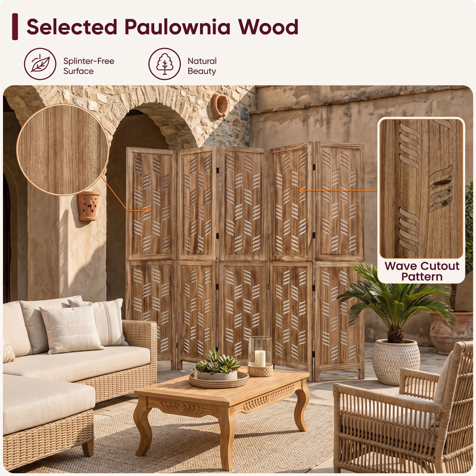 ALPULON 5.5 FT Tall 6-Panel Folding Room Divider Privacy Screen with Wave Cutout and Paulownia Wood Frame for Living Room Bedroom Office, Brown