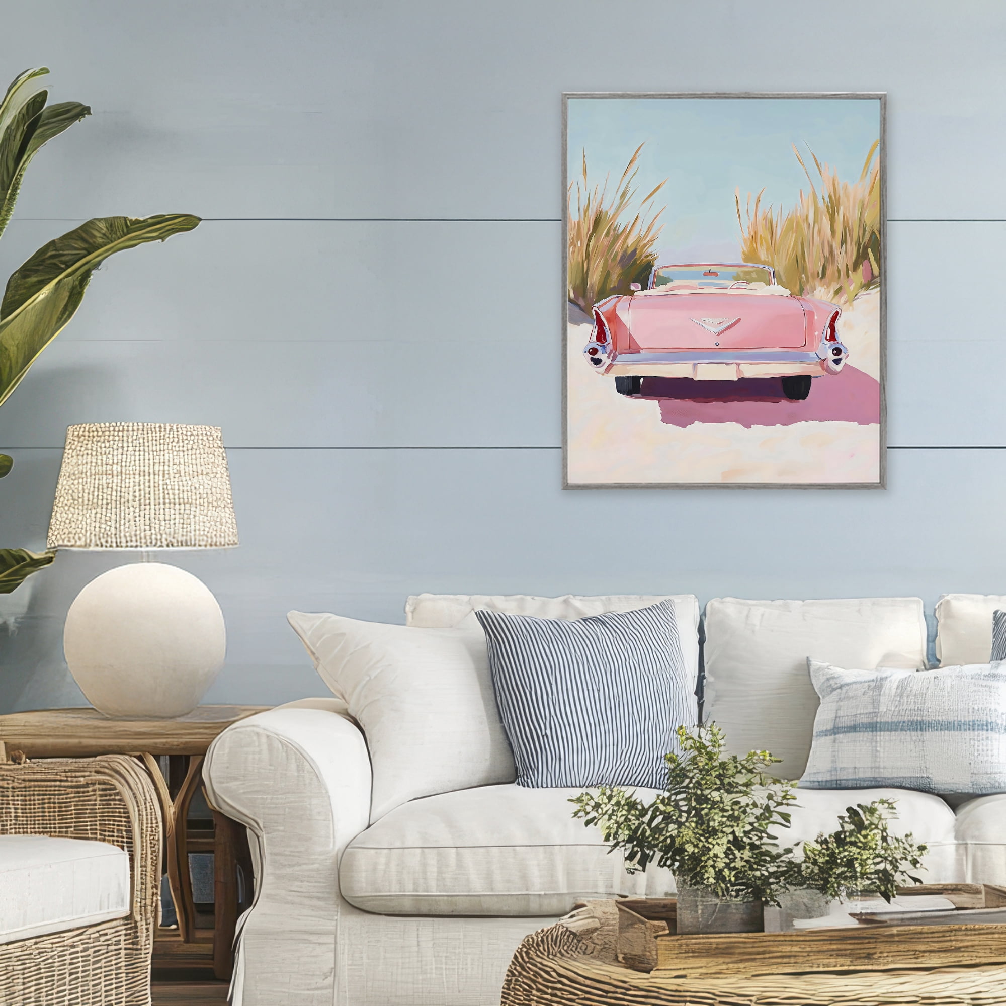 Stupell Industries Pink Cadillac on Beach Gray Framed Giclee Art, design by The Prints Vibe