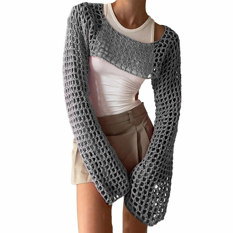 qazqa women mesh crochet crop top long sleeve hollow out cropped