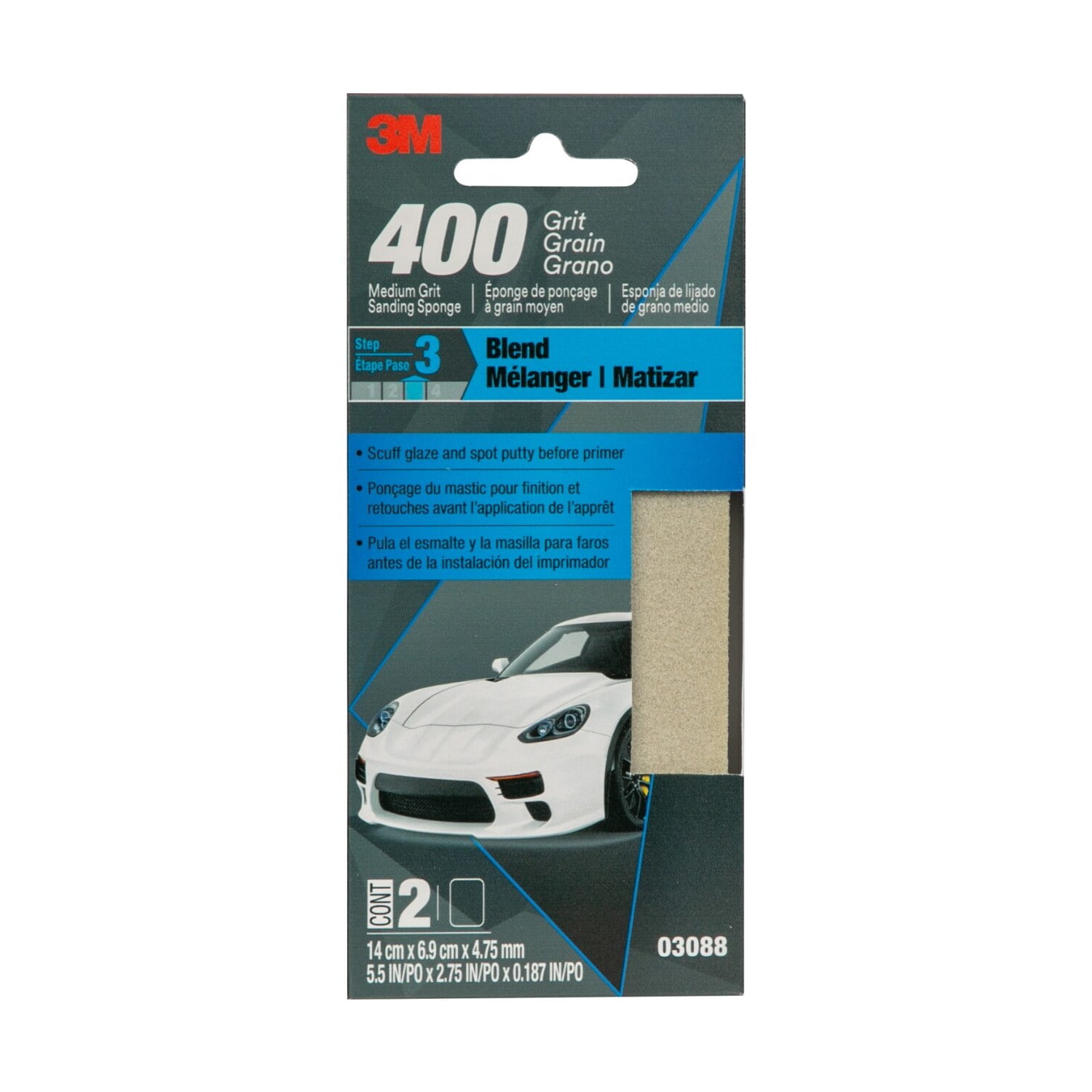 (3 pack) 3M Flexible Performance Fine Sanding Sponge 400 Grit, 5.5 in x 2.75 in x 0.187 in, 2-Pack