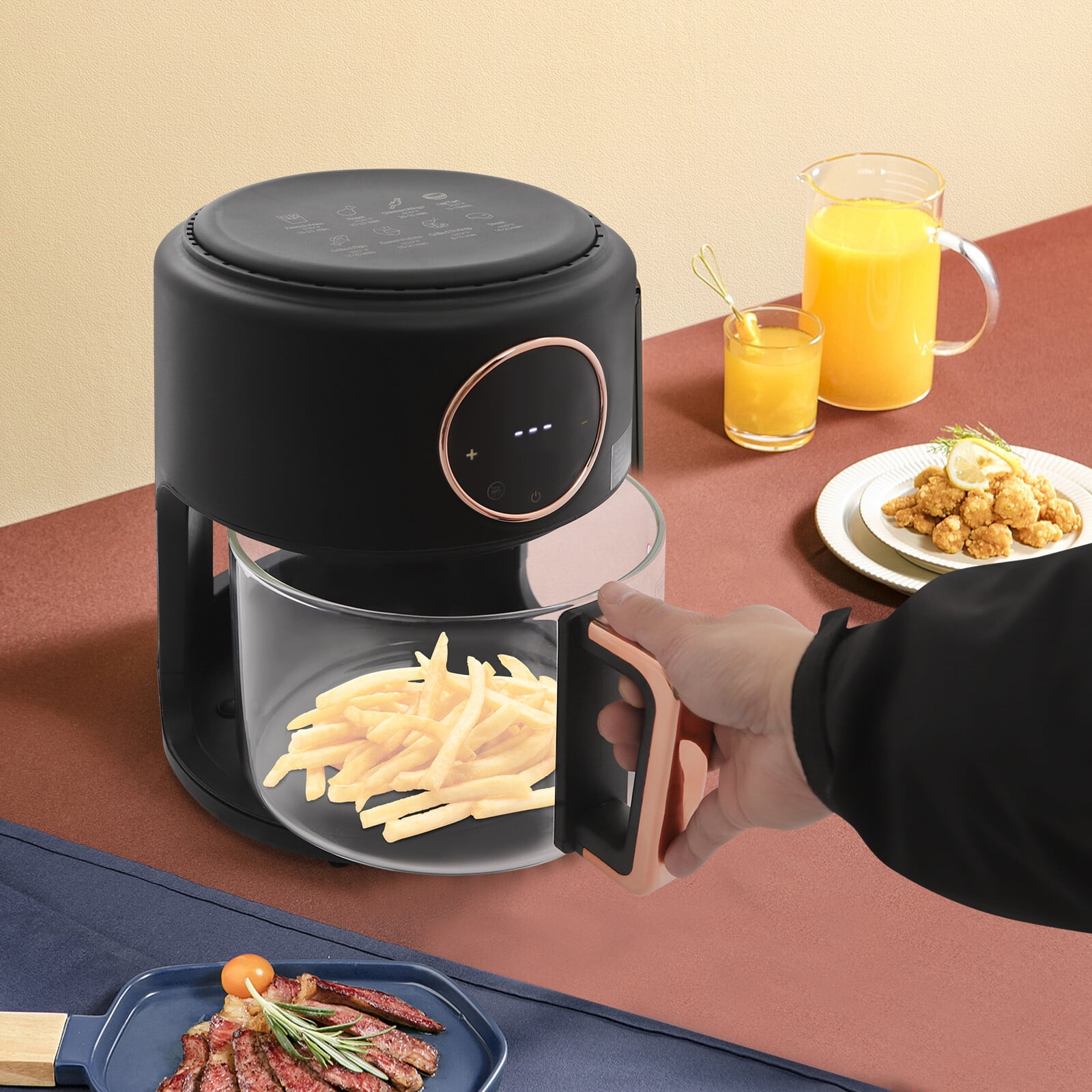 DENEST 4.2L/4.44Qt Airy Fryer, 110V Glass Air Fryer, 360° Viewable Airy Fryer 1200W