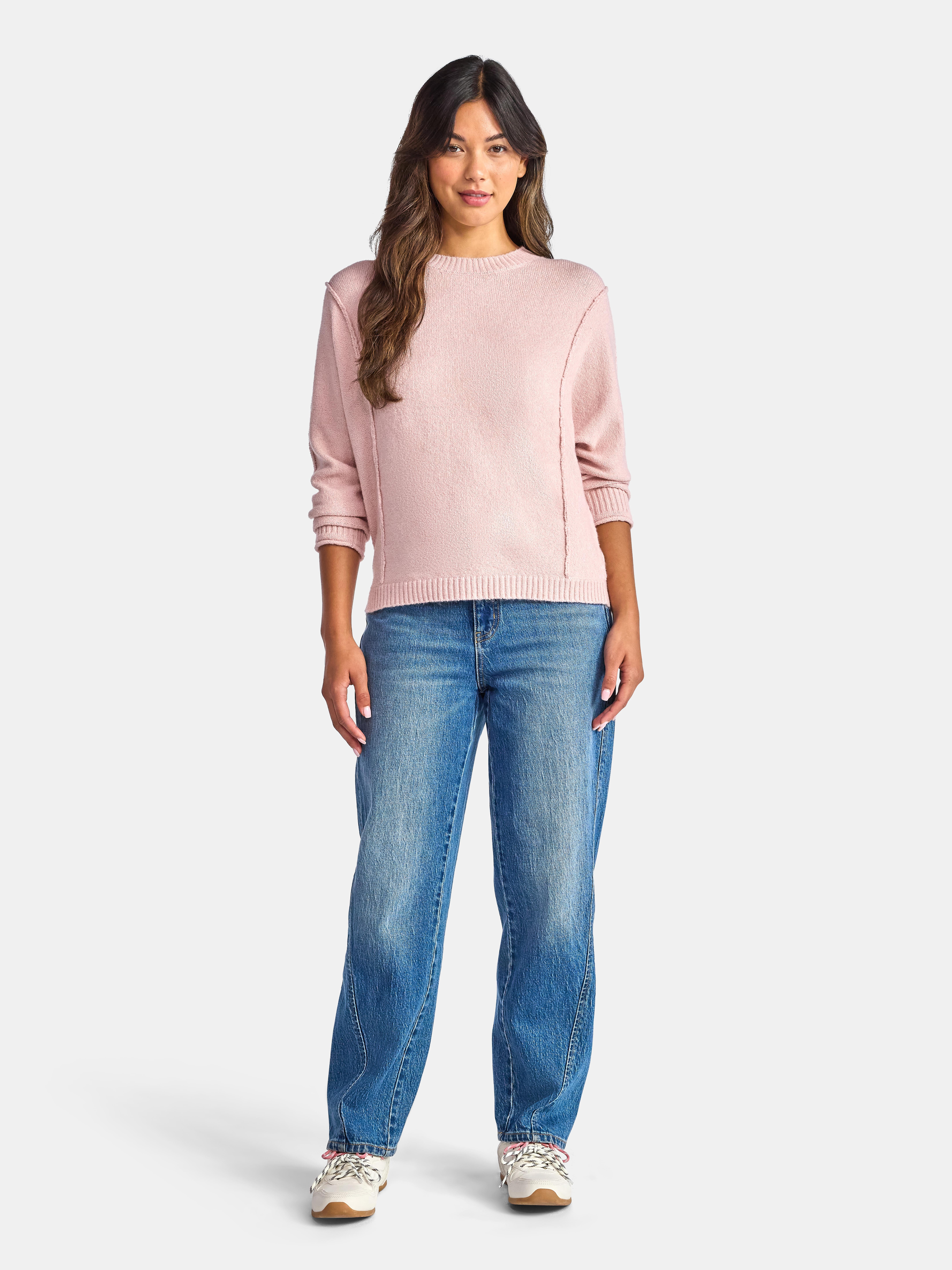 Time and Tru Women's Reverse Linking Pullover Sweater with Long Sleeves, Midweight, Sizes XS-XXXL