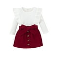 thumbnail image 1 of hirigin Baby Girl Autumn Clothes Set, Solid Ribbed Long Sleeve Ruffled Pullover + A-Line Skirt with Bow Belt, 1 of 8