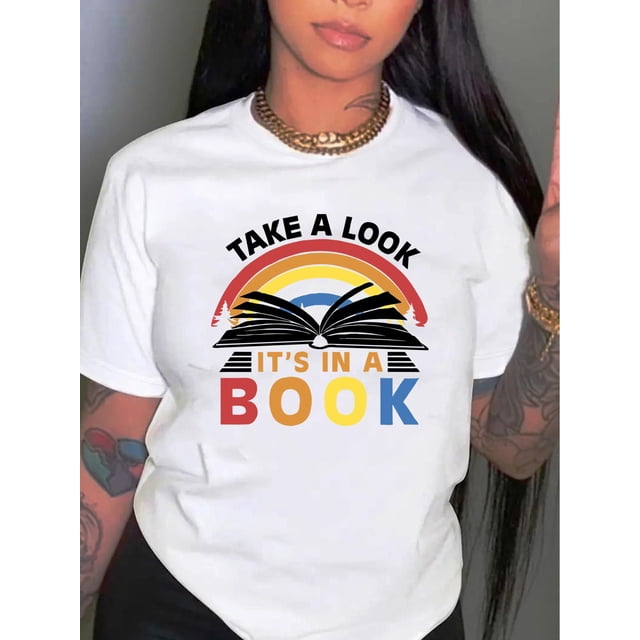 Camiseta básica para mujer verano SuaveBook & Rainbow & Slogan Print Comfy T-Shirt, Round Neck Short Sleeve Sports Tee, Women's ActivewearFather's Day, Mother's Day, New Year, Spring Festival, Valen