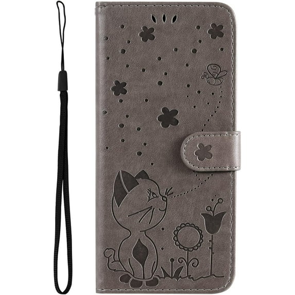 Compatible with iPhone 11 PRO MAX Wallet Case,PU Leather Kickstand Case with Card Slots,Durable Shockproof Cover for iPhone 11 PRO MAX,Cat and Bee Flip Shell,Gray