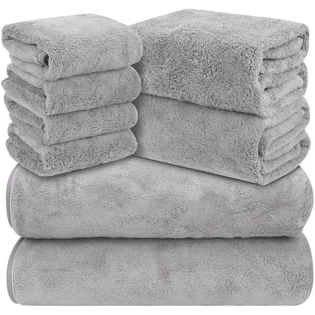 Juego de 8 Toallas Extra Suaves, Toallas De Baño de Vellón Coral, Incluye 2 Toalla y 2 Toallas de Baño y 4 Toallas de Mano, Secado Rápido, Máxima Absorción, Ideal para Hoteles, Hogar, Gimnasio (Gris)