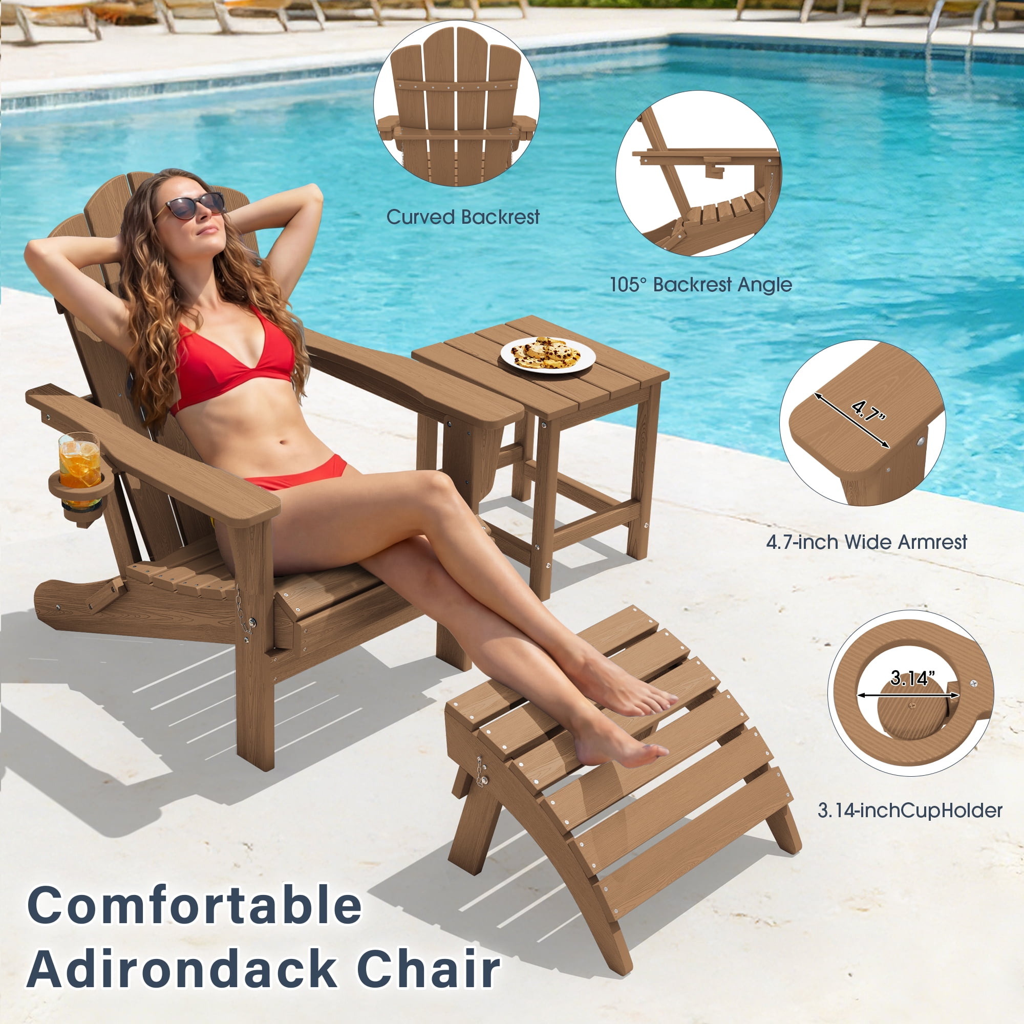KINGYES Folding Adirondack Chair with Cup Holder, HDPE All-Weather Folding Adirondack Chair, Fir Pit Chairs for Patio Garden Backyard