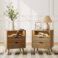 thumbnail image 1 of GUNAITO Table de Chevet Cannelée Ensemble de 2 pour Chambre avec Station de Charge Table de Chevet avec Lumières LED Bois avec Étagère Ouverte et 2 Tiroirs Chêne, 1 of 9