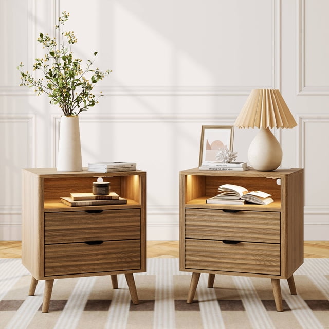 GUNAITO Table de Chevet Cannelée Ensemble de 2 pour Chambre avec Station de Charge Table de Chevet avec Lumières LED Bois avec Étagère Ouverte et 2 Tiroirs Chêne