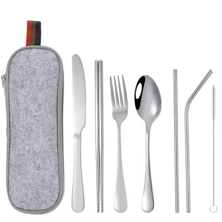 

Travel 7PCS/Set Lunch Tableware Stainless Steel Portable Camping Cutlery Set Dinnerware Knife Spoon Fork Chopsticks Juice Straw Brush SILVER