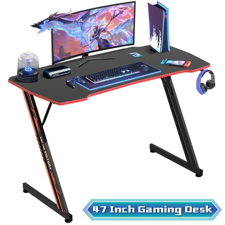 47"L Gaming Desk Z-Shaped Carbon Fiber Surface PC Gamer Table with  Headphone Hook, Computer Desk Gamer Desk Office Desk  for Adults&Teen （Red）
