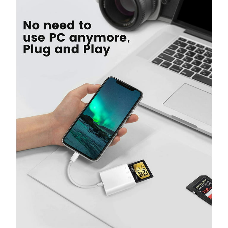 Plug-and-Play SD Card Reader for for i Phone/iPad with Simultaneous  Charging - Ideal for Trail Camera and Memory Card Viewing(Snow White-C1