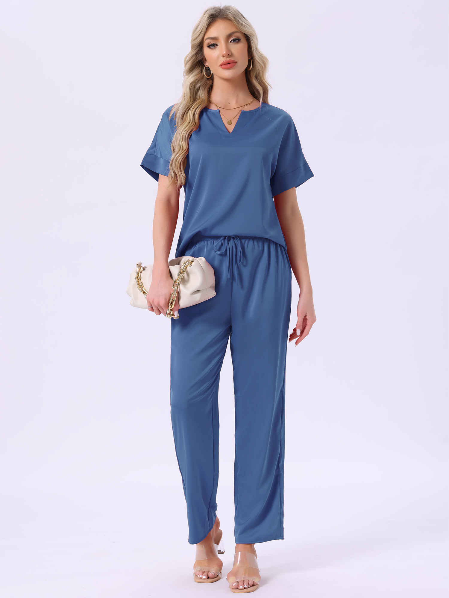 DARING DIVA Satin Pajamas Silky Short Sleeve V Neck Shirt Long Pant Set M Blue