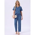 thumbnail image 4 of DARING DIVA Satin Pajamas Silky Short Sleeve V Neck Shirt Long Pant Set L Blue, 4 of 7