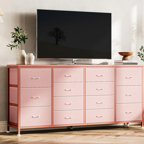 QinaQin Mueble para TV de 63 pulgadas con 14 cajones de tela y contactos integrados, ideal para pantallas de 65 a 75 pulgadas en sala o recámara