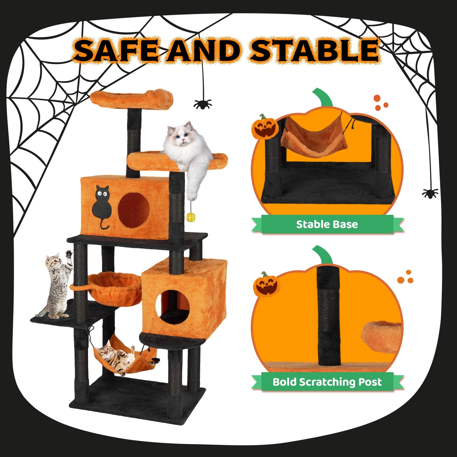 VINGLI Halloween Cat Toy & Scratch Post, Halloween-Themed Cat Climbing Tree with Cat Condo, Spooky Cat Tower in Multiple Sizes