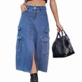 thumbnail image 3 of Women'S Long Jean Skirts with Slit Elastic Waist Cargo Denim Maxi Skirt Blue L, 3 of 9