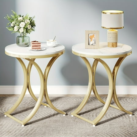White and Golden End Table Small Round Faux Marble Sofa Side Table