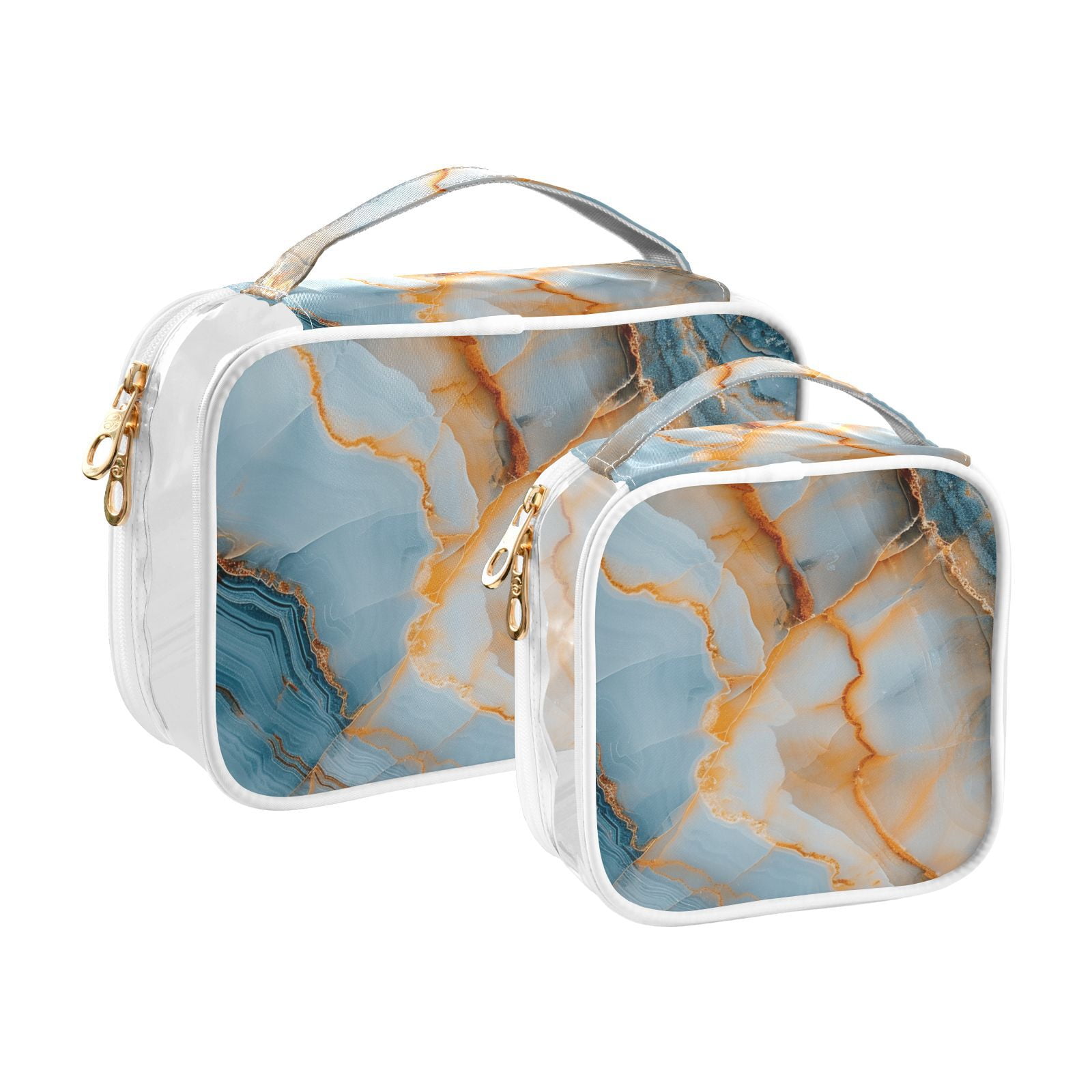 Clear Makeup Bags with Handle Large Opening 2 Pack Set Toiletry Bag Quart Size Bag, for Women Man Traveling Travel Essentials, Toiletries and Other. Marble Pattern Blue Gold