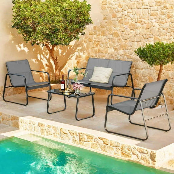 Patio Furniture Sets 4 Pieces,Lofka Outdoor Furniture with Outdoor Loveseats,2 Single Chairs & Metal Coffee Table for Backyard,Gray