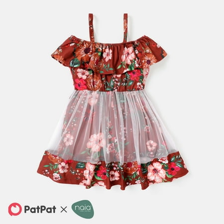 

PatPat Toddler Girl Floral Print Flounce Mesh Design Slip Rompers
