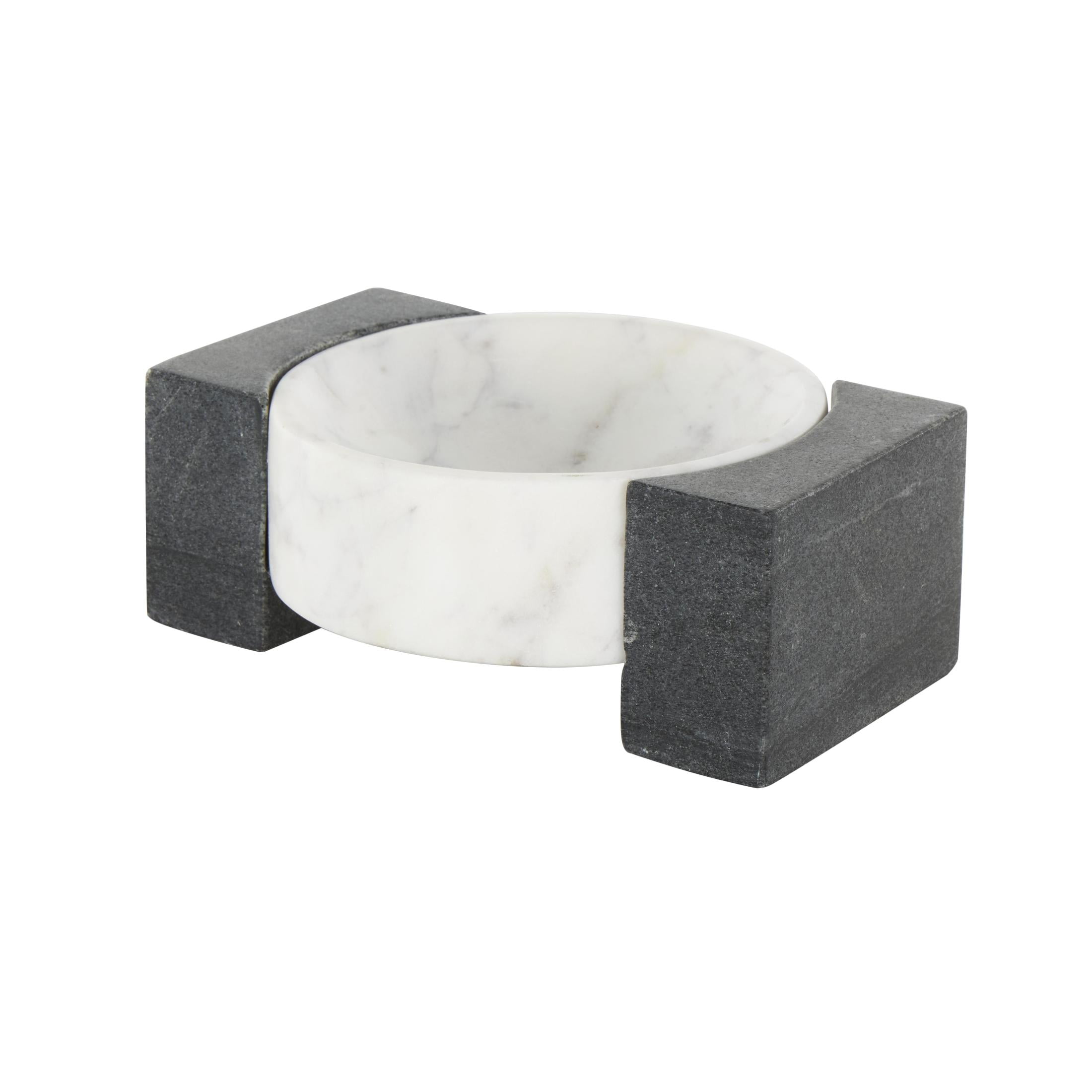 DecMode 8" x 6" White Marble Round Geometric Tray with Black Rectangular Blocks, 1-Piece