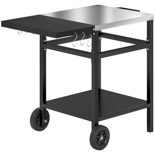 Outsunny Outdoor Grill Dining Cart with Stainless Steel Top and Foldable Side Table, BBQ Movable Pizza Oven Stand Food Prep Table Trolley with Hooks Shelf Cover, Black
