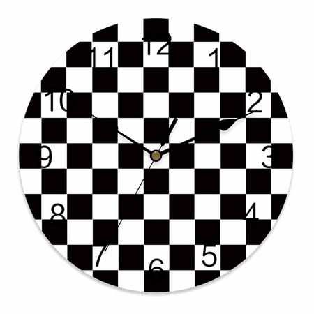 Silent Wall Clocks Battery Operated, Black And White Checkered Plaid Round Decorative Wall Clock for Living Room Bedroom Kitchen Bathroom Classroom Decor, 14 Inch Classic Geometric Pattern