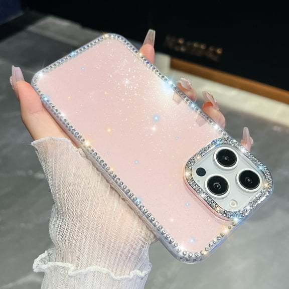 for iPhone 13 Pro Case for Women, Glitter Back & Diamond Frame, Slim TPU Shockproof Cover Stylish Sparkly for Girls, Luxury Shockproof Drop Protection Anti-Scratch Phone Case, Light Pink