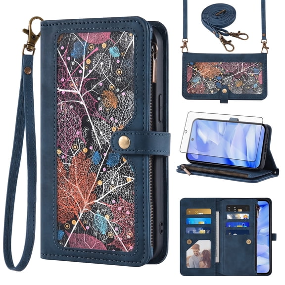 Asuwish Phone Case for Google Pixel 9A Wallet Cover With Tempered Glass Screen Protector Crossbody Wrist Strap Flip Pattern Zipper Credit Card Holder Stand Slot Cell Pixel9A A9 5G Women Men Blue