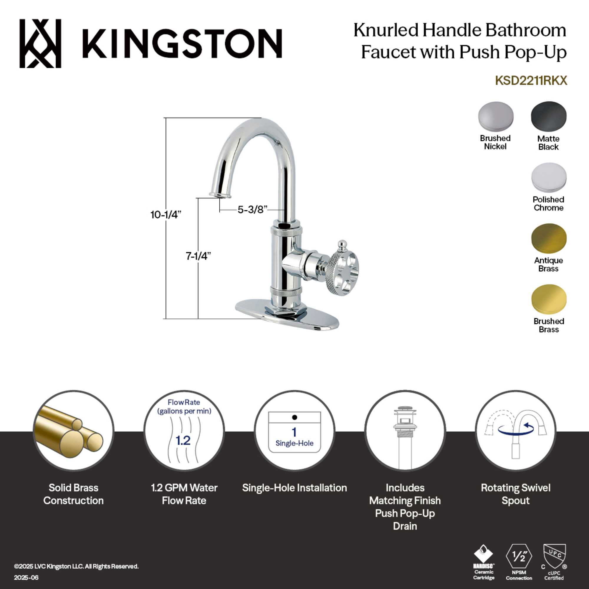 Kingston Brass KSD2217RKX Webb One-Handle 1-Hole Bathroom Faucet with Knurled Handle, Deck Plate, and Push Pop-Up Drain in Brushed Brass