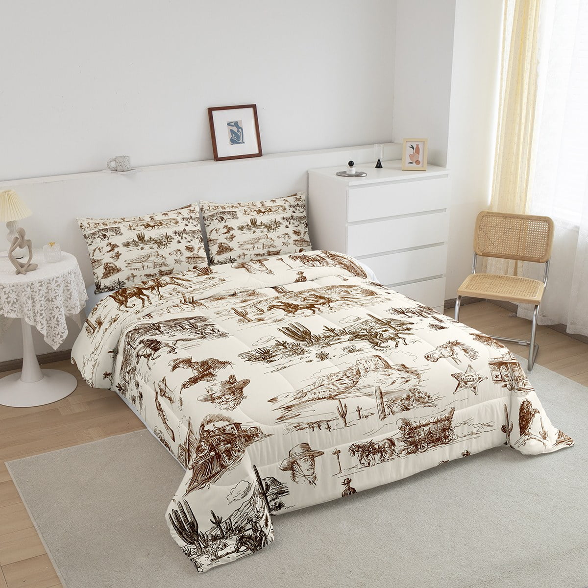 Western Cowboy Bedding Comforter Sets American Wild West Desert Comforter Teenagers Youth, Hand Drawn Sketch Illustration Bedding Set Rustic Country Theme Western Decor Quilt 3Pcs(King)
