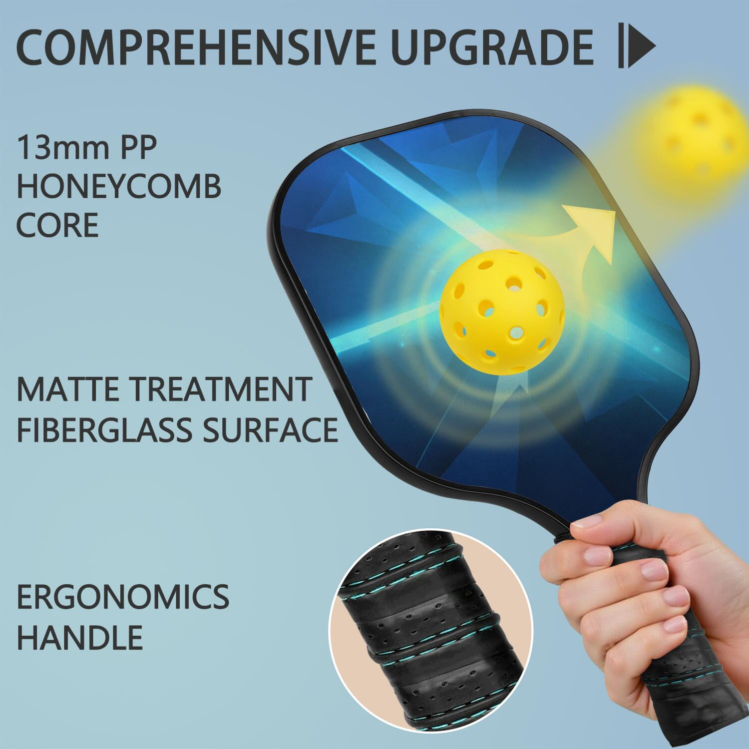 Pickleball Paddles Set Of 1, Fiberglass Surface, Speed, Lightning, Thunder Print, 1 Paddle, 2 Balls & Bag