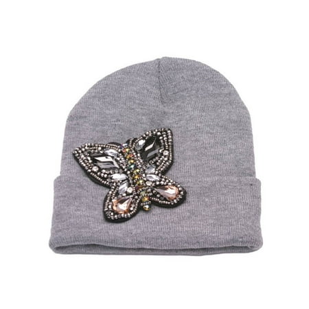 - Womens Beaded Butterfly Cuffed Beanie
