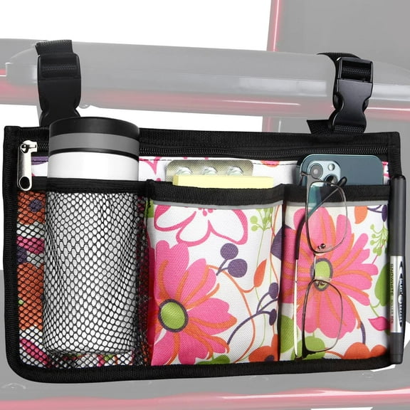 Upgrade Flower Color Wheelchair Armrest Storage Pouch, Wheelchair Side Bag with Cup Holder and Reflective Strip, Waterproof Fabric, for Most Wheelchairs, Walkers or Rollators