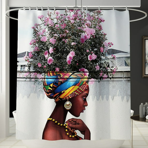 African Couple Black Girl Shower Curtain Fabric Bathroom Decor with Hook 71"x71" 