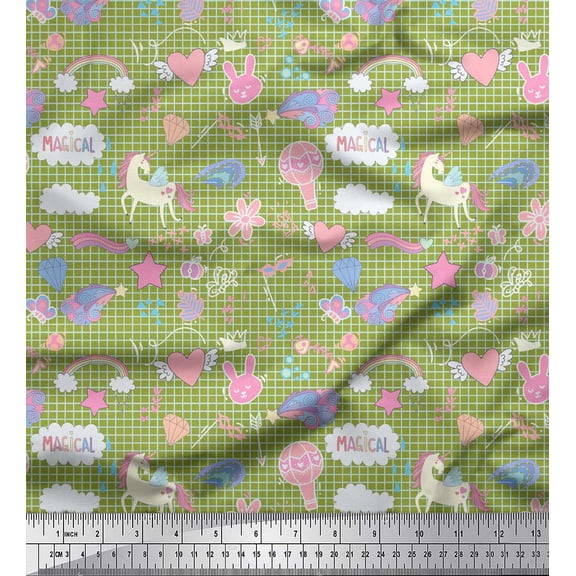 Soimoi Green Cotton Duck Fabric Heart & Unicorn Kids Print Fabric by the Yard 42 Inch Wide