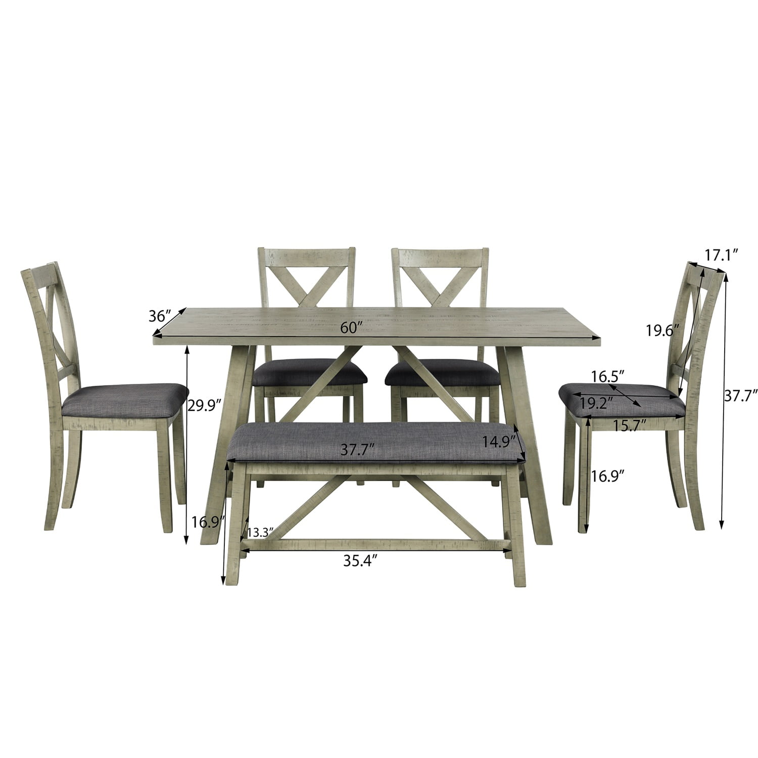 Kadyn Dining Table Set for 6, Kitchen Table Set with Table, Bench and 4 Chairs, 6 Piece Dining Table Set for Home, Gray Kadyn Dining Table Set for 6, Kitchen Table Set with Table, Bench and 4 Chairs, 6 Piece Dining Table Set for Home, Gray