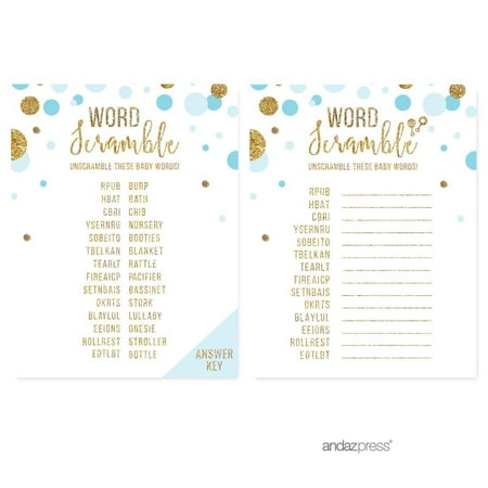 Word Scramble Game  Baby Blue Gold Glitter Baby Shower Games, 20-Pack