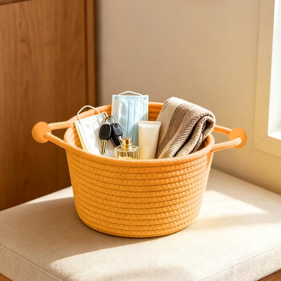 Dongrere Woven Round Storage Basket with Handles, Desktop Small Bin, Storage Organizer for Bathroom Living Room Bedroom Use, 6.6x4.7 Inch, Orange