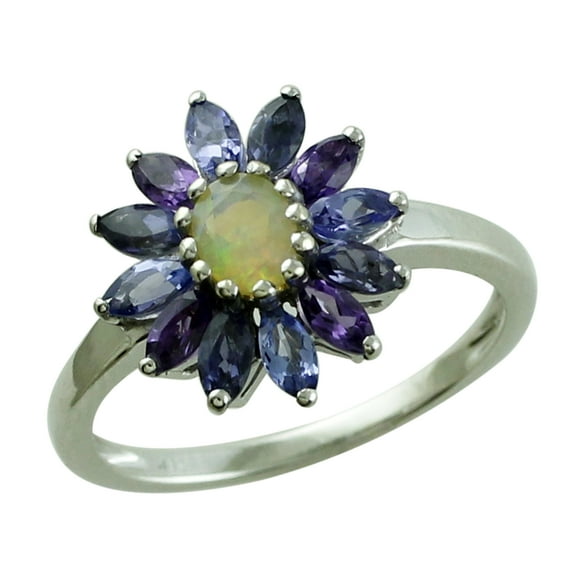 Cocktail 0.95 Ctw Ethiopian Opal Iolite Amethyst 925 Sterling Silver Women Wedding Ring Size US- 8