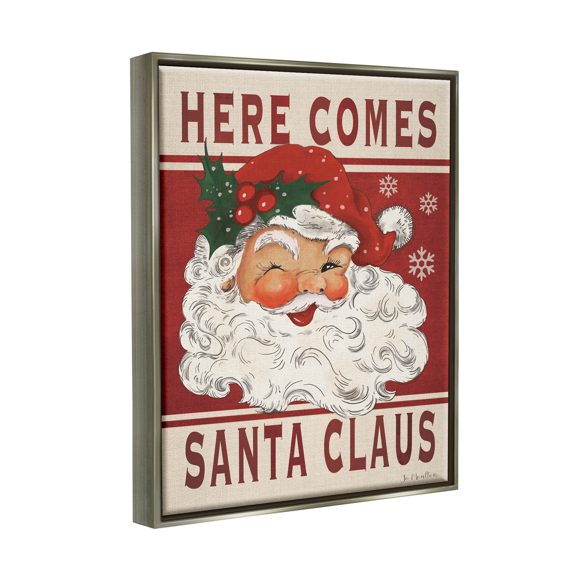 Here Comes Santa Claus Smiling Vintage Holiday Graphic Art Luster Gray Framed Art Print Wall Art
