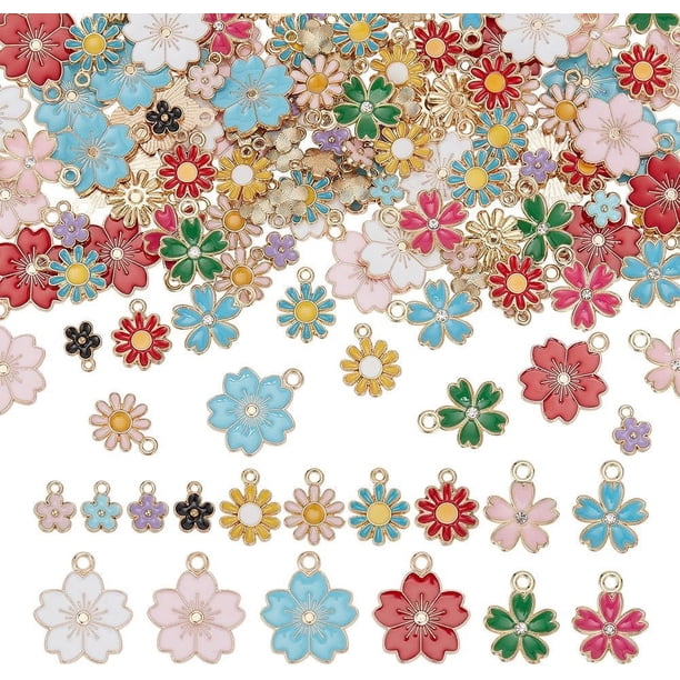 140 piezas de dijes de flores de esmalte de aleación, 4 estilos, 4 colores y margaritas de metal, colgantes con lazo, dijes colgantes de plantas de una sola cara para hacer joyas.